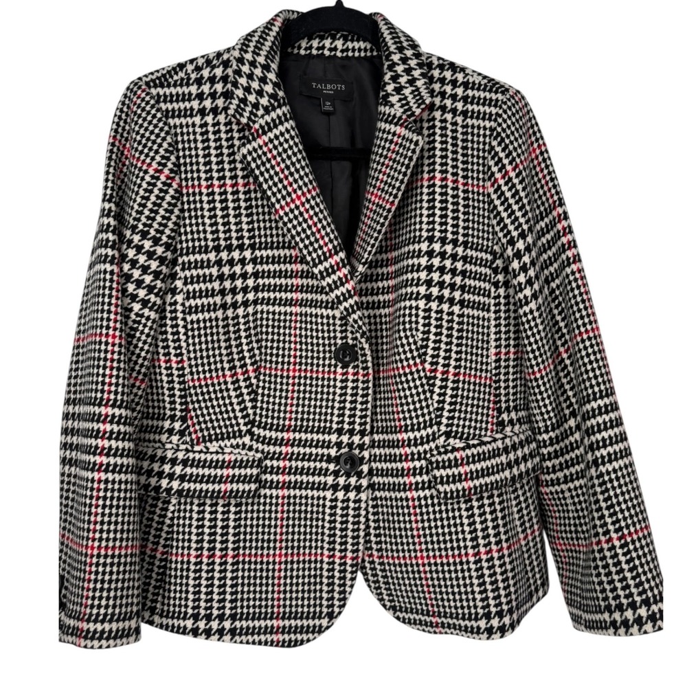 Talbots Womens Houndstooth Plaid Wool Blend  2-Button Blazer Jacket Size 12P